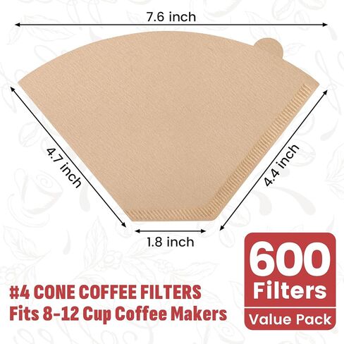 600 Count #4 Cone Coffee Filters, Disposable Unbleached Natural Paper Filters for 8–12 Cup Drip & Pour Over Coffee Makers, Compatible with Ninja & Cuisinart Coffee Makers in Saudi Arabia
