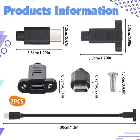 2PCS USB C Male to Female Cable, USB C 3.2Panel Mount Adapter Cable 20gbps Panel Mount Connector for Charging,Data Sync, Video,Audio,Compatible with Laptop,Tablet,Smartphone (30cm/1ft) in Saudi Arabia