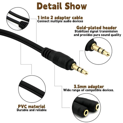 2-Pack Gold Plated 3.5mm Stereo Jack Splitter Cable Adapter Connectors ,3.5mm Male To 2 X Female - for Connecting External Speakers or Use Both Output for Speakers For Ipod, Mp3 Player in Saudi Arabia
