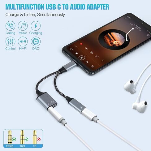 محول سماعة رأس USB-C إلى 3.5 مم، يدعم الشحن السريع 60 وات PD، 3 في 1 من النوع C إلى AUX، وواجهة صوت من النوع C وشحن USB-C، وجودة صوت Hi-Fi DAC، متوافق مع iPhone 15 وSamsung S24. in Kuwait