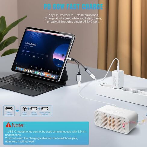 محول سماعة رأس USB-C إلى 3.5 مم، يدعم الشحن السريع 60 وات PD، 3 في 1 من النوع C إلى AUX، وواجهة صوت من النوع C وشحن USB-C، وجودة صوت Hi-Fi DAC، متوافق مع iPhone 15 وSamsung S24. in Kuwait