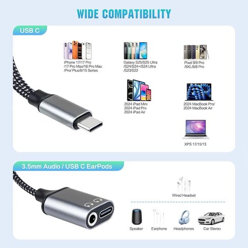 محول سماعة رأس USB-C إلى 3.5 مم، يدعم الشحن السريع 60 وات PD، 3 في 1 من النوع C إلى AUX، وواجهة صوت من النوع C وشحن USB-C، وجودة صوت Hi-Fi DAC، متوافق مع iPhone 15 وSamsung S24. in Kuwait