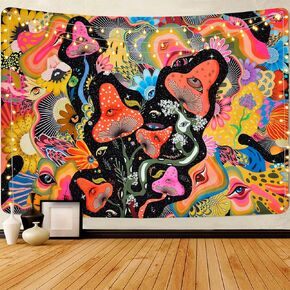 Lyacmy Blacklight Mushroom Tapestry UV Reactive Eyes Tapestries Colorful Flowers Tapestry Hippie Neon Tapestry Aesthetic Glow in the Dark Tapestry Wall Hanging for Room(51.2 x 59.1 inches)