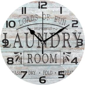 Laundry Room Wood Clock Silent Wall Clock Non-Ticking Round Desk Clock Battery Operated for Home Office Bedroom Decor