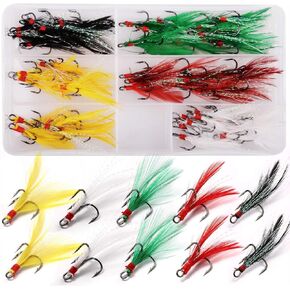 Fishing Feather Hooks Treble Hooks, 50pcs Round Bend Treble Fishing Hooks Strong Sharp Feather Dressed Teaser Hooks for Catfish Lures Baits