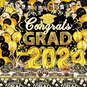 231PCS Graduation Decorations Class Of 2024, 2024 Graduation Party Decorations for High School College With Backdrop balloons Paper Plate Cup Napkin Cutlery Tablecloth Balloon Garland (Black and Gold)