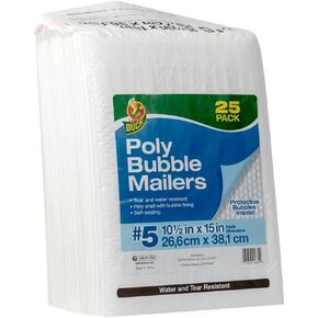 Duck Brand #5 Poly Bubble Mailer, 10.5" x 15", White, 25-Pack