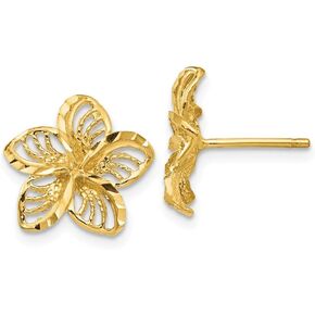 Solid 14k Yellow Gold Diamond-cut Filigree Plumeria Studs Earrings - 11mm x 12mm