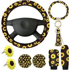 Tallew 8 Pcs Cute Sunflower Steering Wheel Cover Yellow Keychain for Women Delightful Car Accessories Leather Bracelet Key Ring Car Handbrake Cover Gear Cover Comfortable Car Coaster Car Air Vent Clip