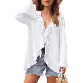 MEROKEETY Women's 2024 Summer Open Front Casual Loose Blouse Top Long Sleeve Ruffles Tie Bathing Suit Beach Cover Ups