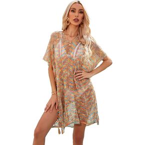 Spmor Women Swimsuits Cover Ups Knit V Neck Crochet Short Sleeve Tie Side Coverups