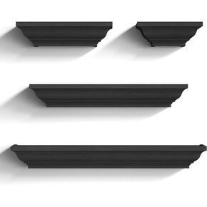 SRIWATANA Black Floating Shelves, Solid Wood Storage Wall Shelves Set of 4 Display Ledge Shelves Decor for Bedroom, Living Room, Bathroom, Kitchen - Black