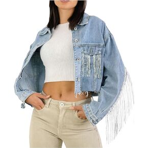 YEXPINE Women's Jean Jacket Button Down Fringe Cropped Denim Jackets Boyfriend Light Jackets Coats