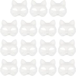 15Pcs Cat Face Masks DIY Paintable Blank Masks Halloween White Cat Masks Animal Dress Up Masks for Fun Party,Masquerade Prop,Cosplay