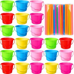 Sratte 24 Pcs Small Beach Pails Sand Buckets with 100 Disposable Straws Plastic Bucket with Handle Beach Toys for Summer Holiday Beach Birthday Party Favors(Clear, 6.3 x 5.75 x 5.35 Inch)