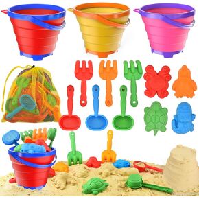 Collapsible Beach Sand Toys for Toddler Sand Toys for Kids 3 Packs Foldable Buckets with Sand Molds,Shovels&Mesh Bag for Beach Summer Outdoor Activities,Travel Sandbox Beach Toys for Kids Boys Girls