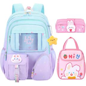 Fisent 3PCS Girls Backpack Set,Kids Backpack,Cute School Backpack with Lunch Box & Pencil Pouch(Purple,16.5in)