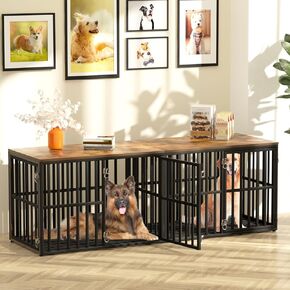 AGESISI Dog Crate Furniture for 2 Dogs, 76" Wooden Dog Kennel with Divider, XXL Double Dog Crate Furniture Large Breed with 4 Doors, Dog Cage End Table Indoor for Large & Medium Dogs, Black