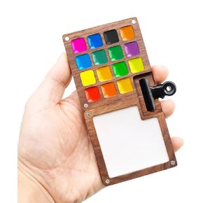 Portable Watercolor Palette, 15 Color Sketchbook Palette, Walnut Wooden Palette Box, Travel Paint Case, Watercolor Palette for Drawing Painting, Come with a Clip (Without Colors)