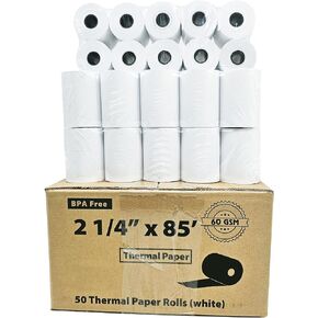 (60 GSM) 2.25 2 1/4 x 85 Thermal Paper Rolls 50 Rolls First Data FD130 FD50 FD400 FD55 FD100Ti Thermal Paper Tranz 420, Verifone Vx510, Vx510LE, Vx570 - Zebra ZQ520/QL420/RW420 Mobile Printer