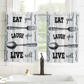 Kitchen Window Curtains Tiers Eat Laugh Live Vintage Fork Spoon White Wood Grain Curtains Rod Pocket Window Treatment Valance Set for Living Room, Cafe, Farmhouse, Bathroom, Office-2 Panels 42"x45"x2