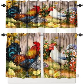 Rooster Rustic Valance Kitchen Curtains Farm Watercolor Painting Sunflower and Chicken Pattern Printing Decoration Curtain 54x18 Inch, 1 Panel