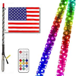 NBWDY قطعة واحدة 2FT RGB Dream Color LED سوط ضوء مع جهاز تحكم عن بعد علم 360 درجة ملتوية مطاردة/تدفق هوائي سوط للطرق الوعرة Polaris RZR UTV ATV Sand Dune Buggy رباعية شاحنة قارب بيك اب