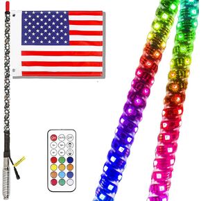 NBWDY 1Pcs 2FT RGB Dream Color LED Whip Light w/Flag Remote Control 360° Twisted Chasing/Flow Light Antenna Whip for Off Road Polaris RZR UTV ATV Sand Dune Buggy Quad Truck Boat Pickup