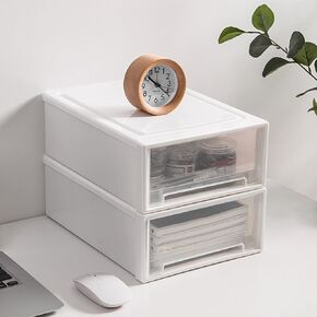 Small Desk Organizer, Stackable Organizer Drawers, Clear Desk Storage Box, Desktop Drawer for Craft Storage, Stacking Desktop Organizer for Office and Home (Narrow Open Version, White) -1 Count