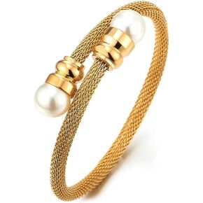 COOLSTEELANDBEYOND Classic Ladies Steel Gold Color Twisted Cable Cuff Bangle Bracelet with Synthetic White Pearl