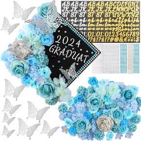 58Pcs Graduation Cap Decoration kit Grad Cap Decoration Graduation Cap Faux Flowers 3D Butterfly Stickers Rhinestones Stickers kit for Grad Cap Topper Cake Photo Art DIY Decoration Kit(Blue)