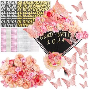 58Pcs Graduation Cap Decoration kit Grad Cap Decoration Graduation Cap Faux Flowers 3D Butterfly Stickers Rhinestones Stickers kit for Grad Cap Topper Cake Photo Art DIY Decoration Kit(Blue)