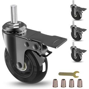 3" Stem Caster Wheels with Safety Dual Locking,Heavy Duty Threaded stem 3/8"-16x1" casters, No Noise Swivel Rubber Castors with Brakes,150lbs Load Capacity Per Caster(Set of 4)