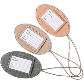 3 Pieces Oval PU Leather Travel Luggage Tags Suitcase Tags Identifiers ID Tags Name Tags Travel Accessories (Green, Beige, Pink)