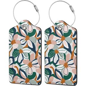 Boho Leaves Floral Abstract 2 Pack Luggage Tag for Suitcase, Leather Name Tag Id Label Luggage Tags with Stainless Steel Loop and Privacy Cover for Women Men Travel