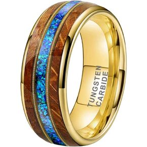 TUTISS 8mm Tungsten Rings for Men Women Engagement Wedding Bands Whisky Barrel Wood Guitar String Blue Opal Inlay Domed Polished Comfort Fit