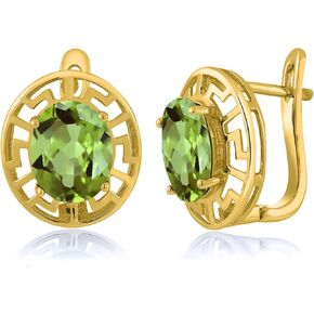 Gem Stone King 18K Yellow Gold Plated Silver Green Peridot Greek Key Earrings For Women (5.60 Cttw, Gemstone August Birthstone, Oval 10X8MM)