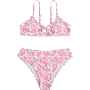 Girl's 2 Piece Swimsuits Floral Spaghetti Strap O Ring Bathing Suit Cute Bikini Sets