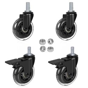 Hirate 3" Caster with 3/8"-16UNC Threaded Stem(2 with Brake & 2 Without), 4 Pack Swivel Stem Casters with Hex Nuts for Carts Furniture Trolley DIY Stands