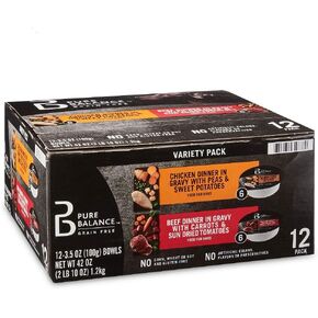 Pure Balance Food for Dogs Variety Pack, Chicken Dinner in Gravy with Peas & Sweet Potatoes and Beef Dinner in Gravy with Carrots & Sun Dried Tomatoes, 3.5 oz, 12 Count