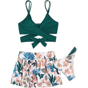 SweatyRocks Women's 3 Piece Bikini Set Tropical Print Twisted Tie Back Swimsuit Set with Skirt Cover