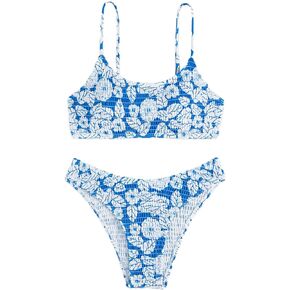 SweatyRocks Women's Floral Print Bikini Sets High Cut Ribbed Knit 2 Piece Bikini Swimsuit Bathing Suit
