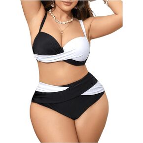 SweatyRocks Women's Plus Size 2 Piece Bikini Set Color Block Wrap Ruched Swimsuit High Waist Bathing Suit