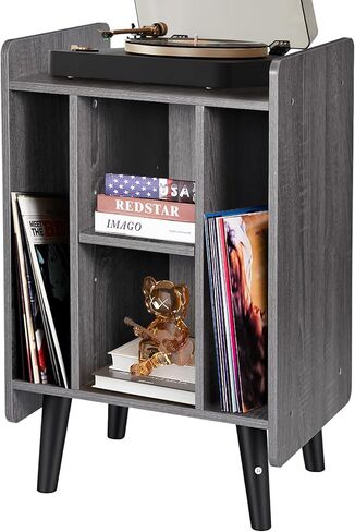 Record Player Stand, Record Player Cabinet Turntable Stand with Vinyl Storage, Audio Rack, Table Nightstand with Wood Legs for Bedroom Living Room Office (Grey) in Saudi Arabia