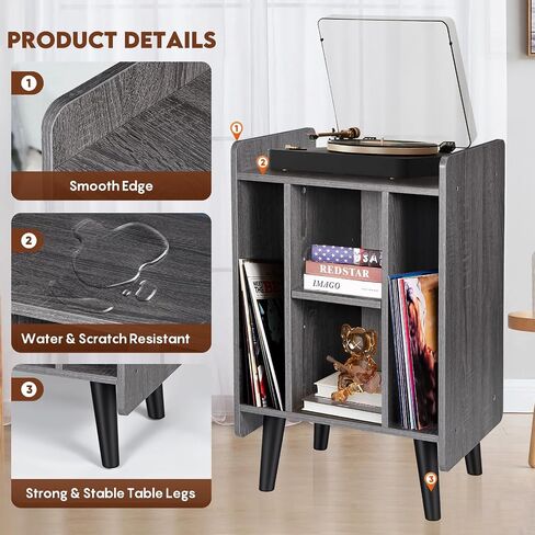 Record Player Stand, Record Player Cabinet Turntable Stand with Vinyl Storage, Audio Rack, Table Nightstand with Wood Legs for Bedroom Living Room Office (Grey) in Saudi Arabia