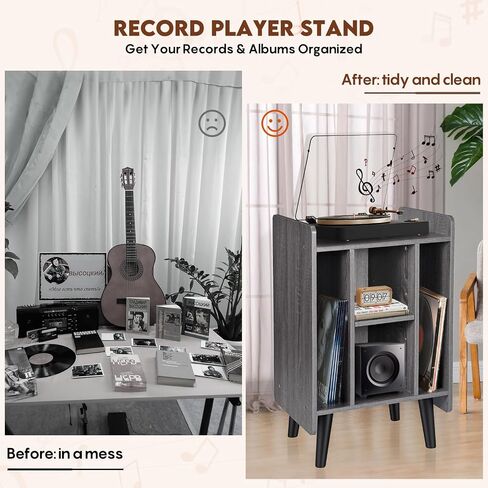 Record Player Stand, Record Player Cabinet Turntable Stand with Vinyl Storage, Audio Rack, Table Nightstand with Wood Legs for Bedroom Living Room Office (Grey) in Saudi Arabia