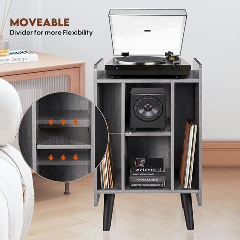 Record Player Stand, Record Player Cabinet Turntable Stand with Vinyl Storage, Audio Rack, Table Nightstand with Wood Legs for Bedroom Living Room Office (Grey) in Saudi Arabia
