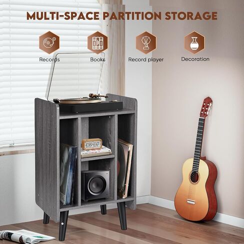 Record Player Stand, Record Player Cabinet Turntable Stand with Vinyl Storage, Audio Rack, Table Nightstand with Wood Legs for Bedroom Living Room Office (Grey) in Saudi Arabia