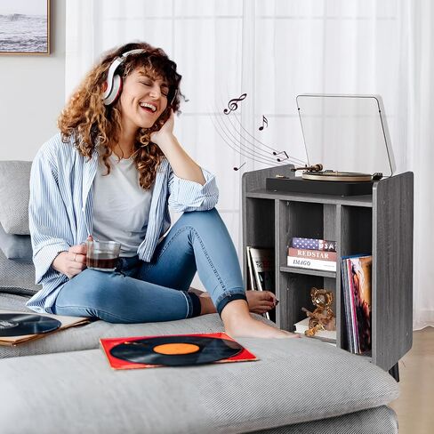 Record Player Stand, Record Player Cabinet Turntable Stand with Vinyl Storage, Audio Rack, Table Nightstand with Wood Legs for Bedroom Living Room Office (Grey) in Saudi Arabia