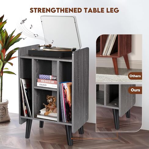 Record Player Stand, Record Player Cabinet Turntable Stand with Vinyl Storage, Audio Rack, Table Nightstand with Wood Legs for Bedroom Living Room Office (Grey) in Saudi Arabia